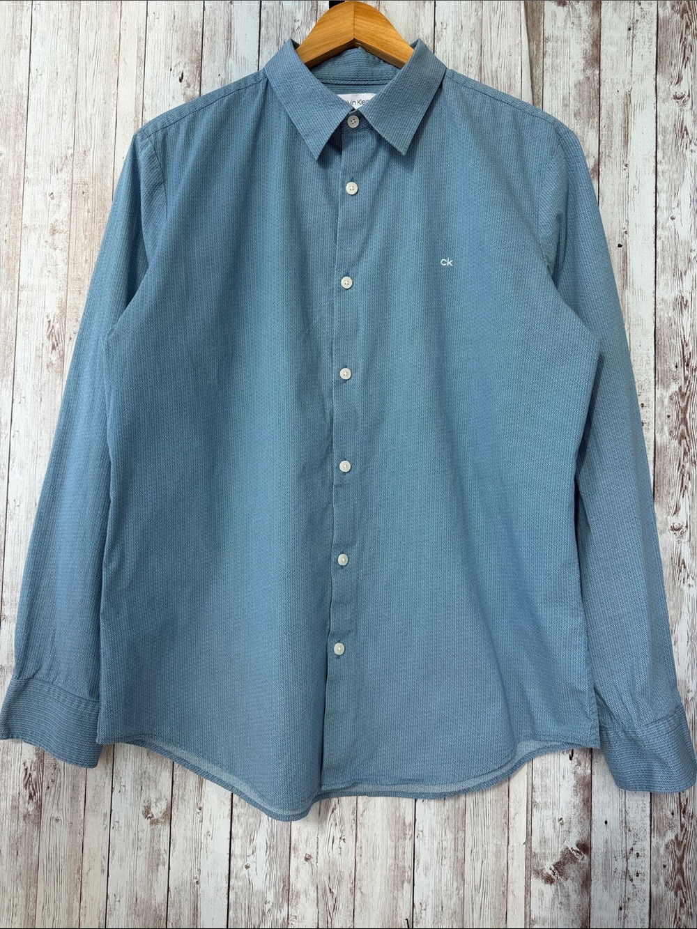 Calvin Klein Men's sz Large Slim Fit Stretch-Cotton Shirt Light Blue Herringbone